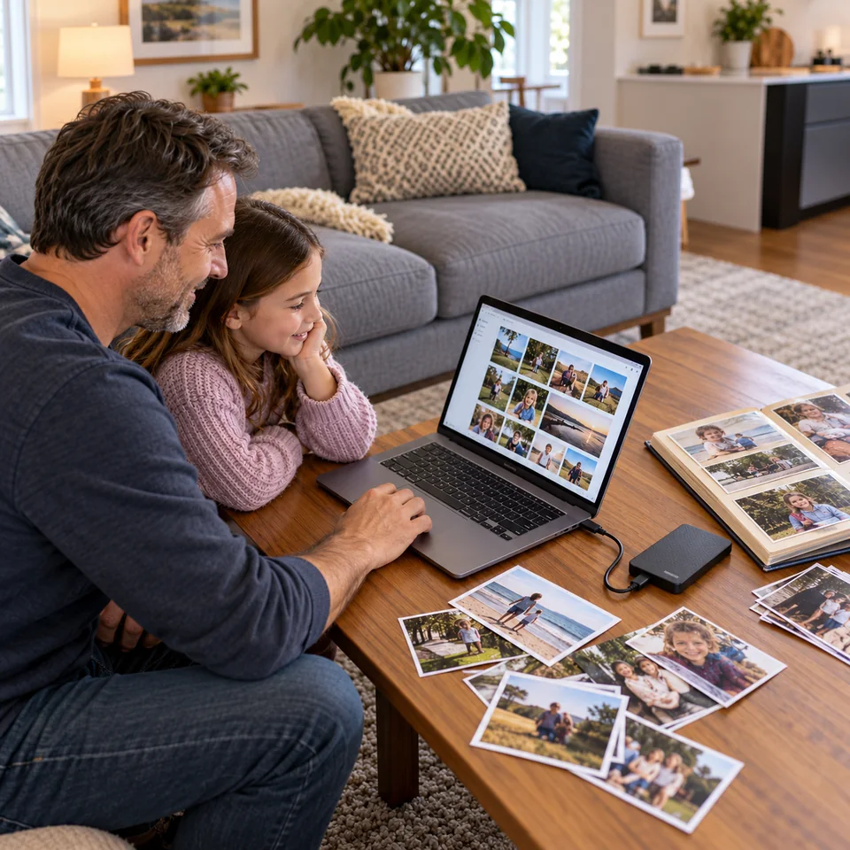 A father and daughter viewing family photos beside a connected backup drive