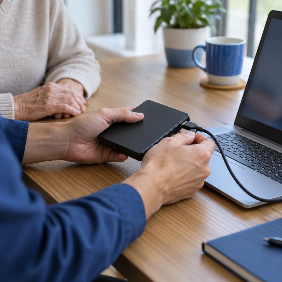 External drive connected to a laptop for careful data assessment