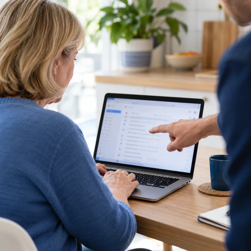 Customer receiving help with email on a laptop