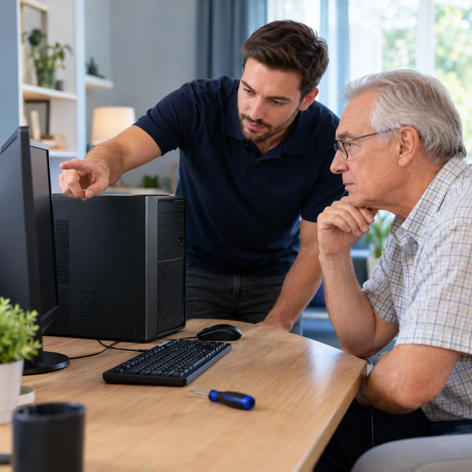 Technician assessing a desktop computer with a customer at home