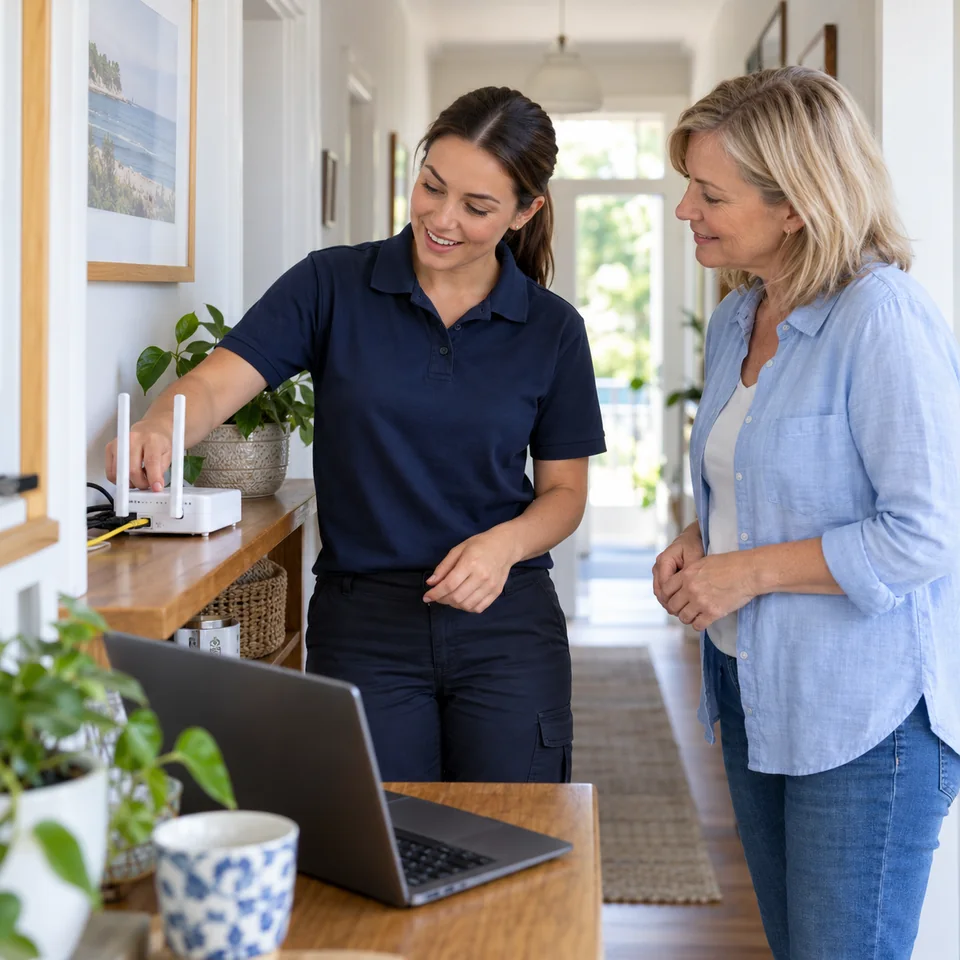 Technician and customer checking a home Wi-Fi router
