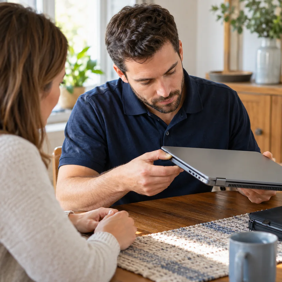 Technician inspecting a laptop casing and keyboard at a home table