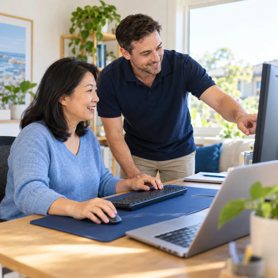 Customer and technician setting up a laptop and monitor at a home desk