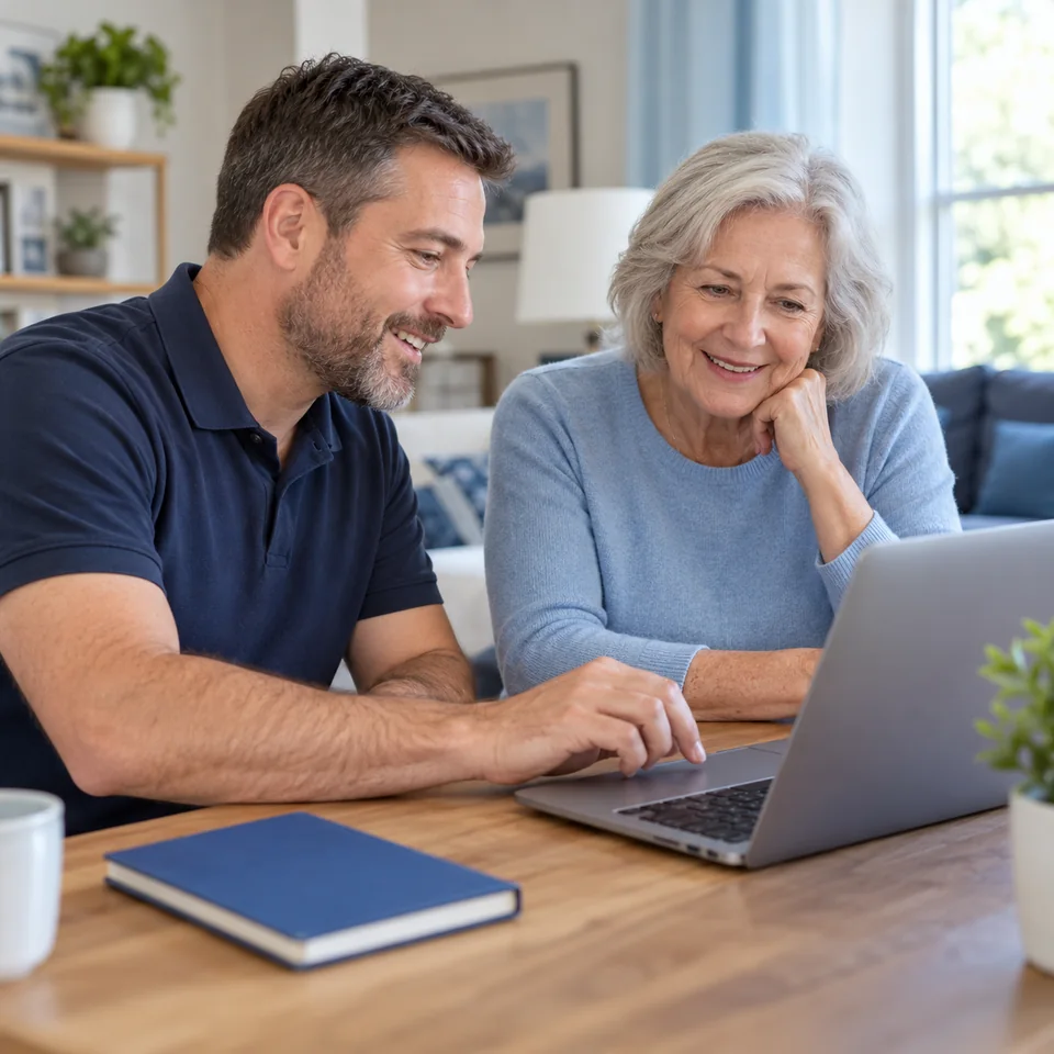 Technician and customer reviewing a working laptop during a computer health check
