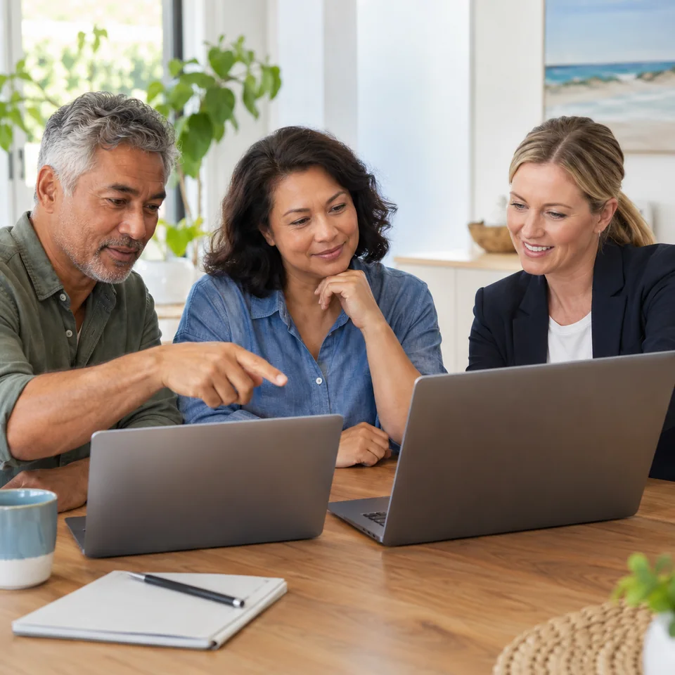 Customers comparing two laptops with a computer adviser