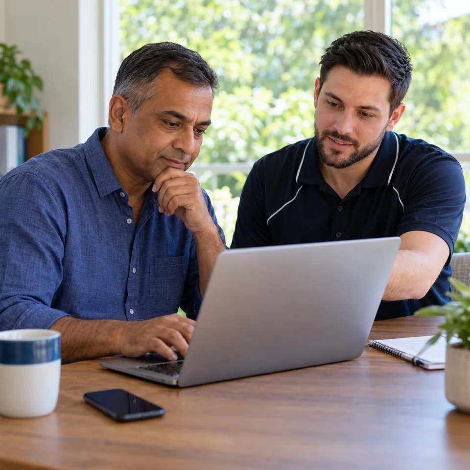 Customer and technician reviewing computer account security with a phone nearby