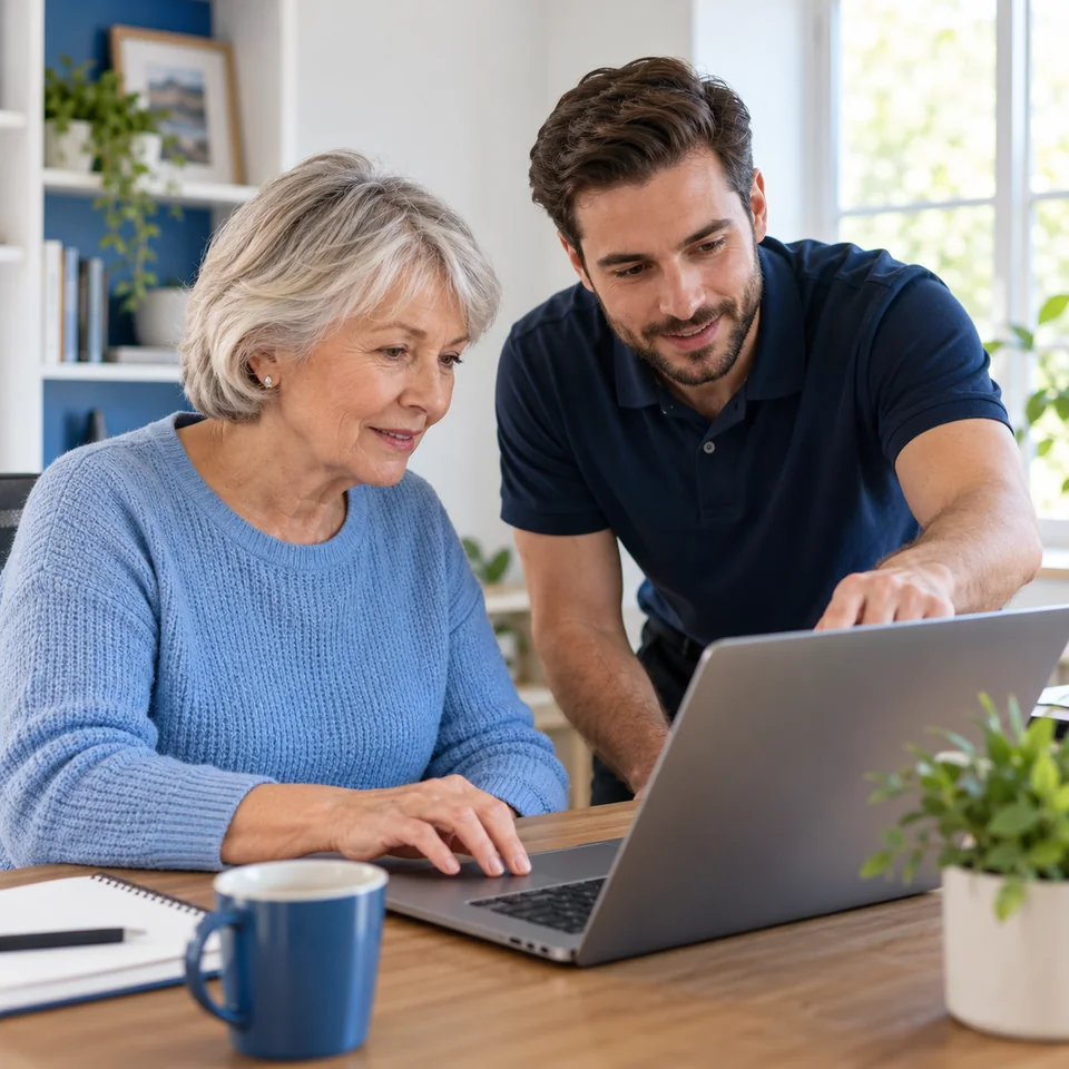 A woman and a man looking at a laptop together at home