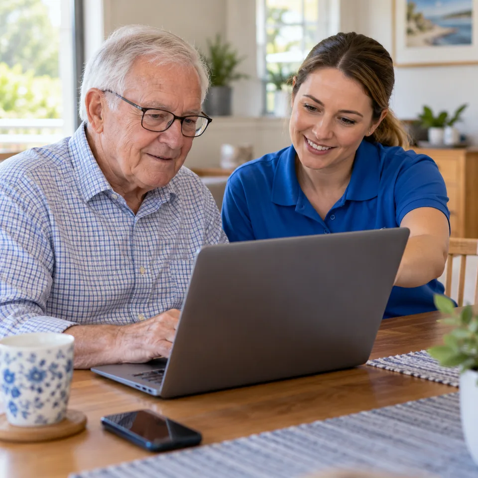 Technician reviewing a laptop with an older customer at home