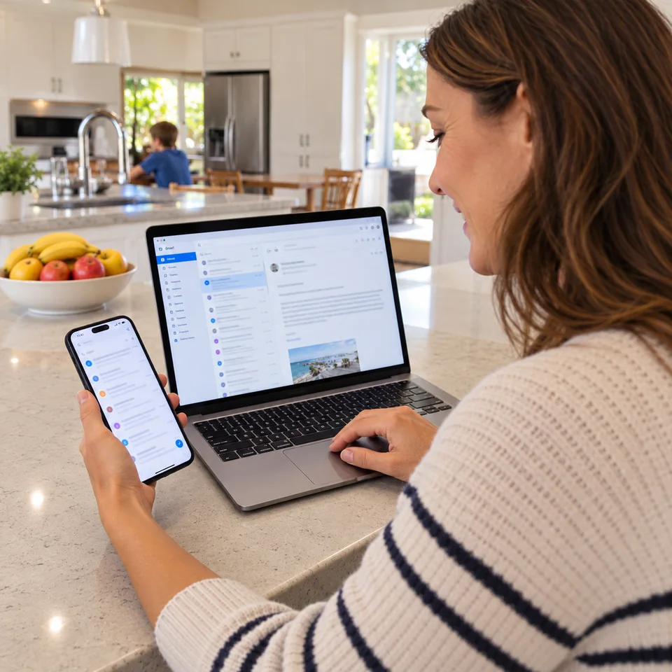 A woman checking email on her laptop and phone at home