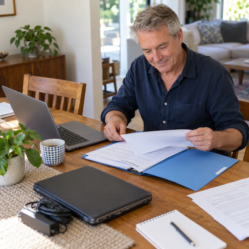A man organising computer paperwork beside a laptop at home