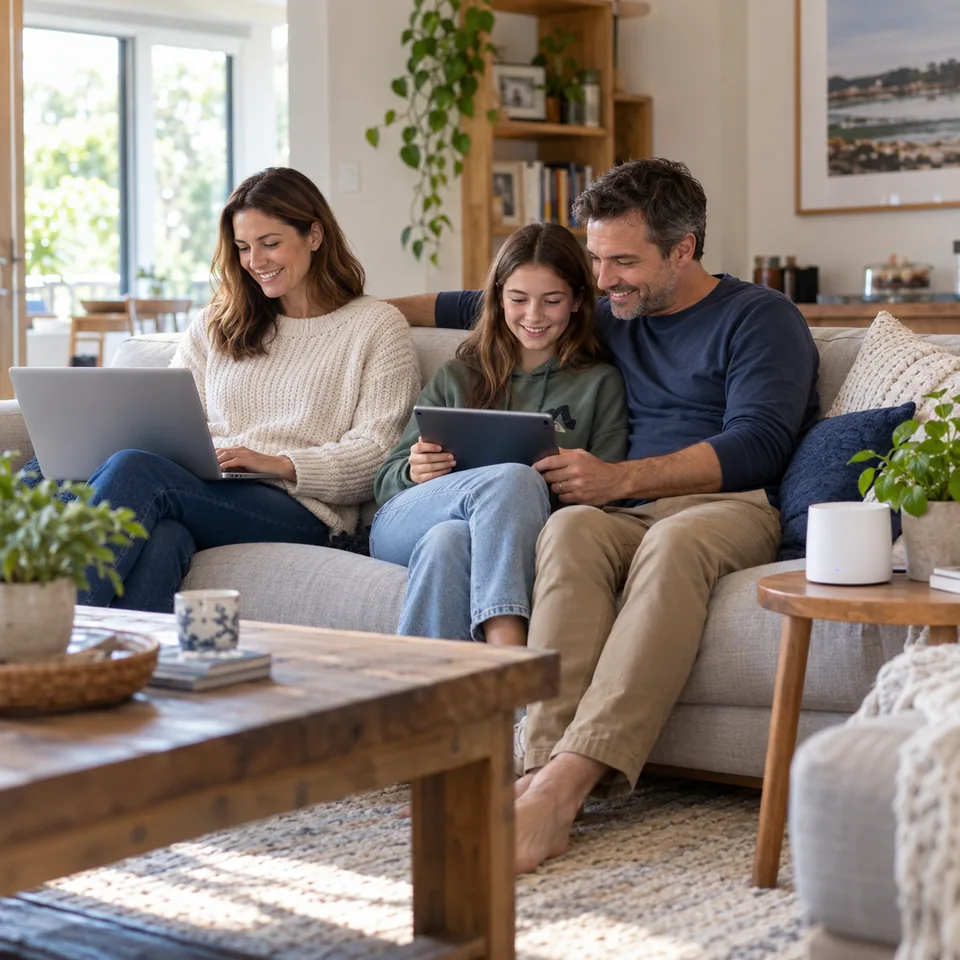 A family using a laptop and tablet together in their living room
