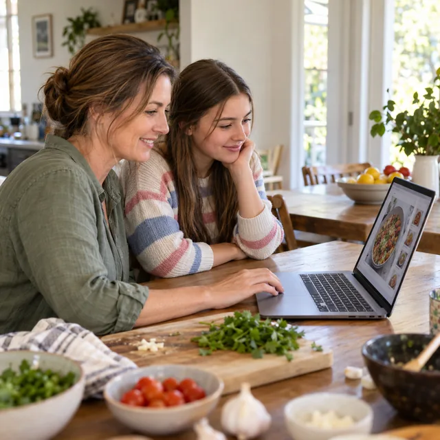 A mother and teenage daughter using a laptop at their dining table