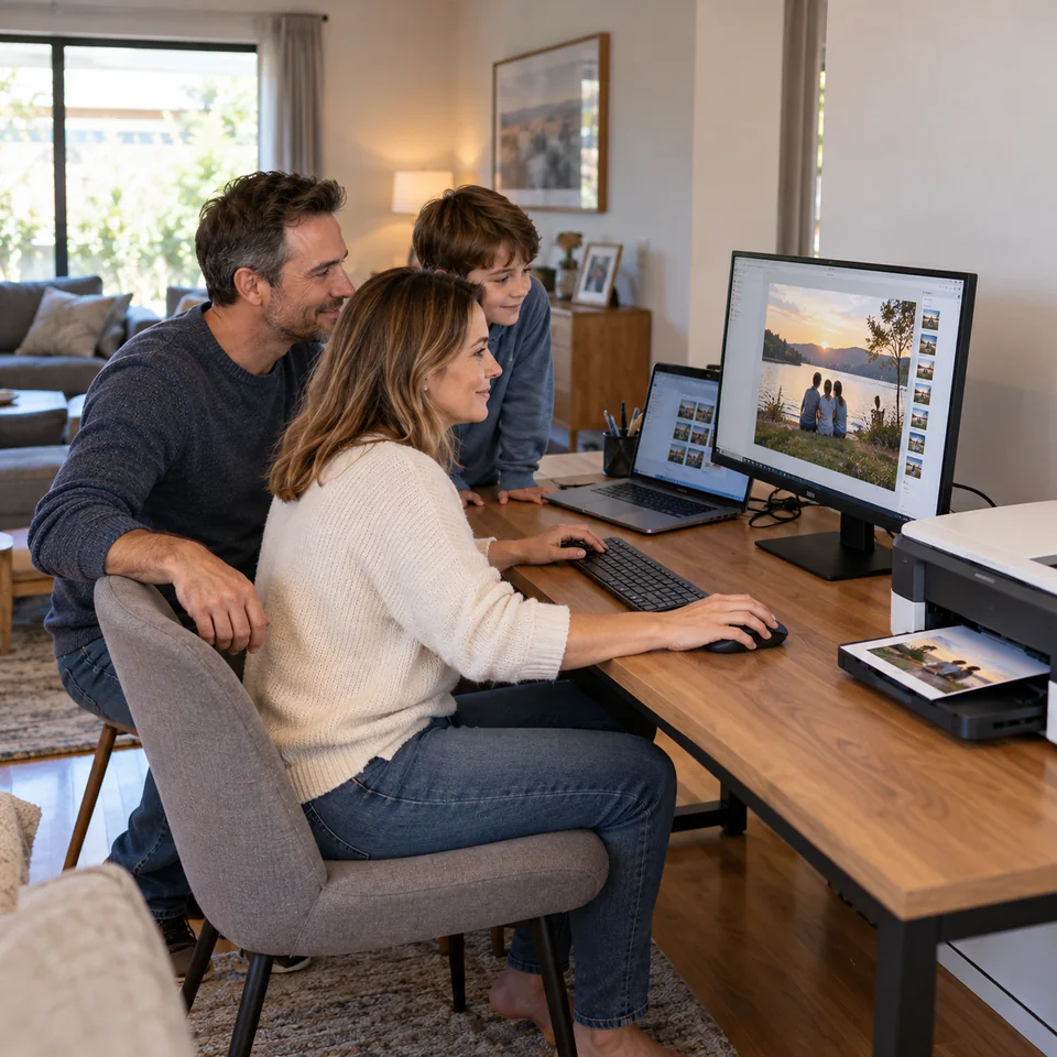 A family using a newly set up computer with a monitor and printer at home