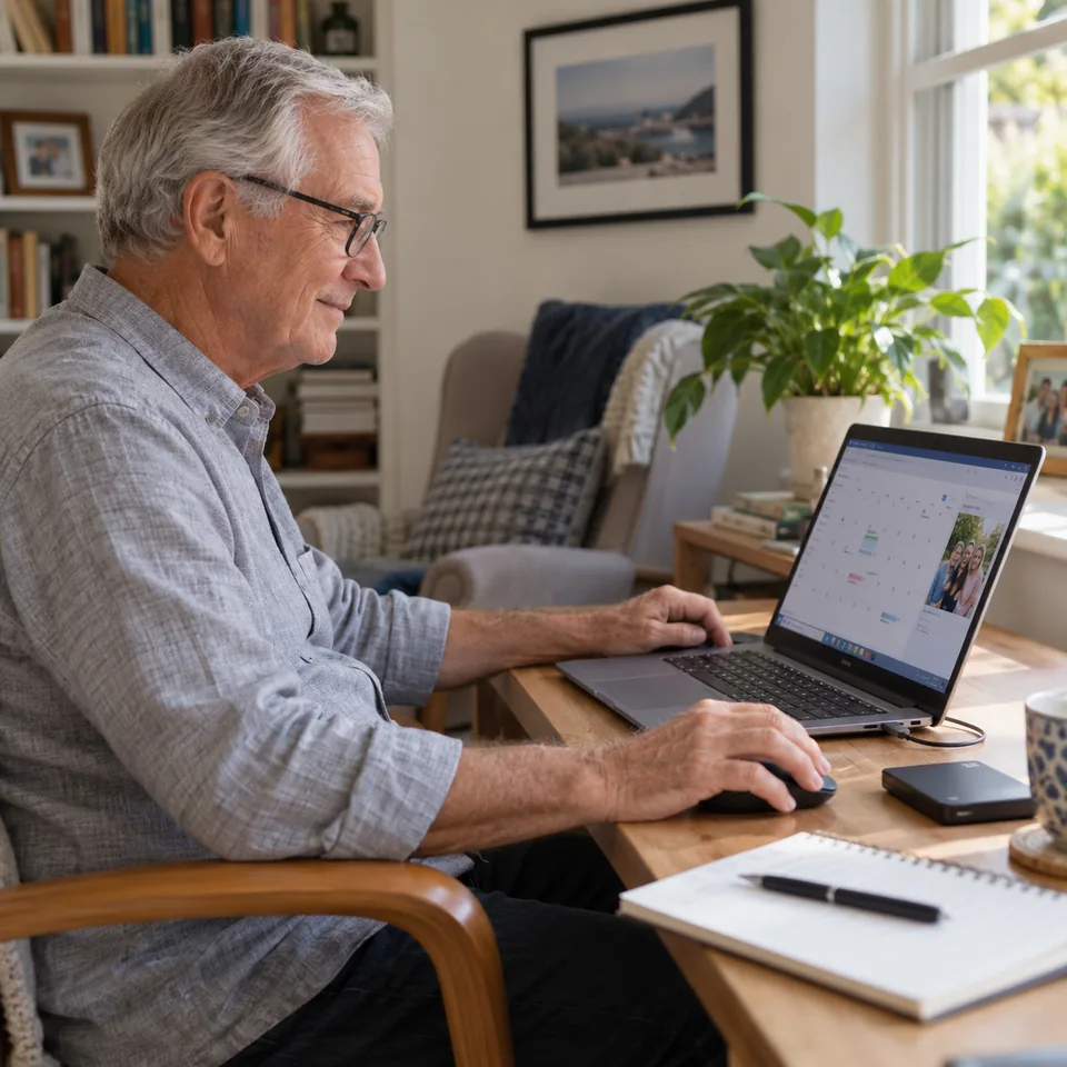 A man checking his calendar on a laptop at home beside an external backup drive