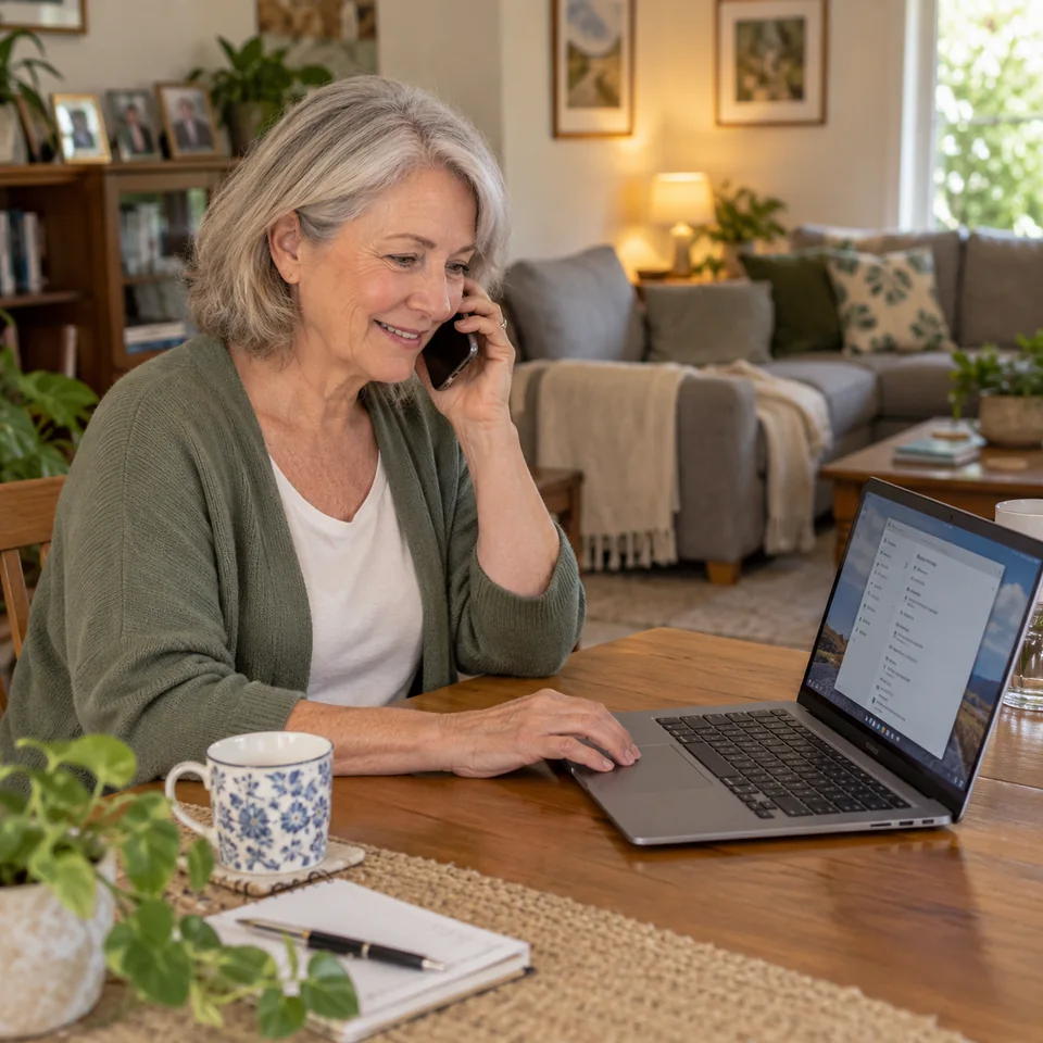 A woman using her laptop while speaking on the phone at home