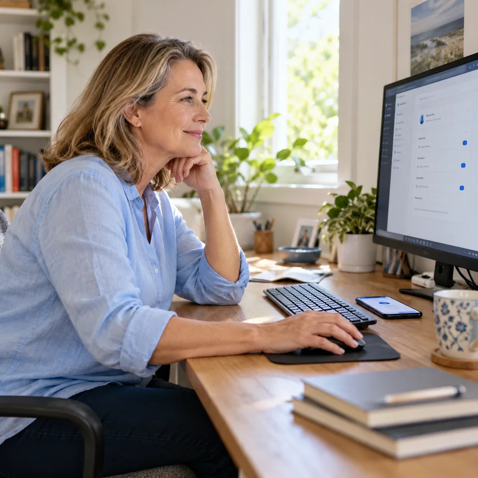 A woman reviewing computer account settings with her phone beside the keyboard