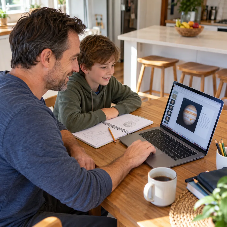 A father and son using a laptop for a school project at the kitchen table